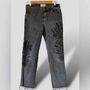 Free People We The Free Floral Embroidered Gray Straight Leg Jeans Size